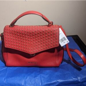 Michael Kors Bristol Medium Leather Studded Satchel Handbag Crossbody Red Purse